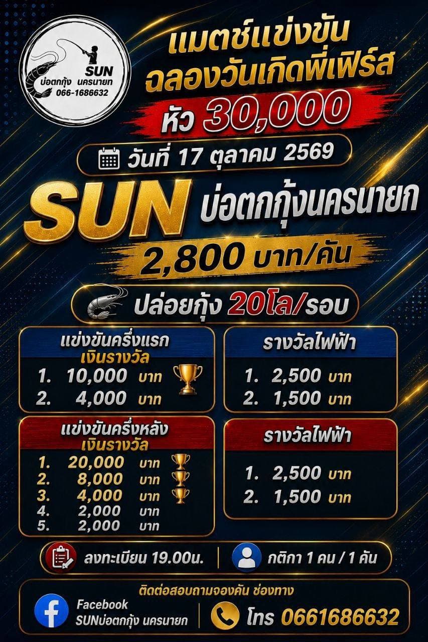 มาแล้วครับ SUN บ่อตกกุ้ง นครนายก จัดการแข่งขันตกกุ้งชิงเงินรางวัล 🦐